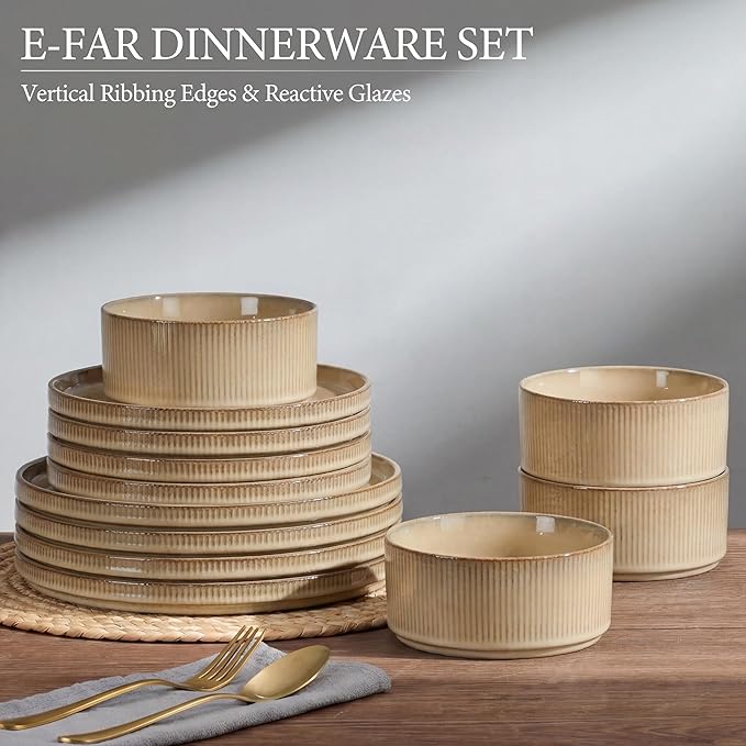 E-far Stoneware Dinnerware Sets for 2, 6-Piece Plates and Bowls Sets, Chip & Scratch Resistant Ribbed Dish Set for Home Restaurant, Microwave & Dishwasher Safe, Caramel Khaki