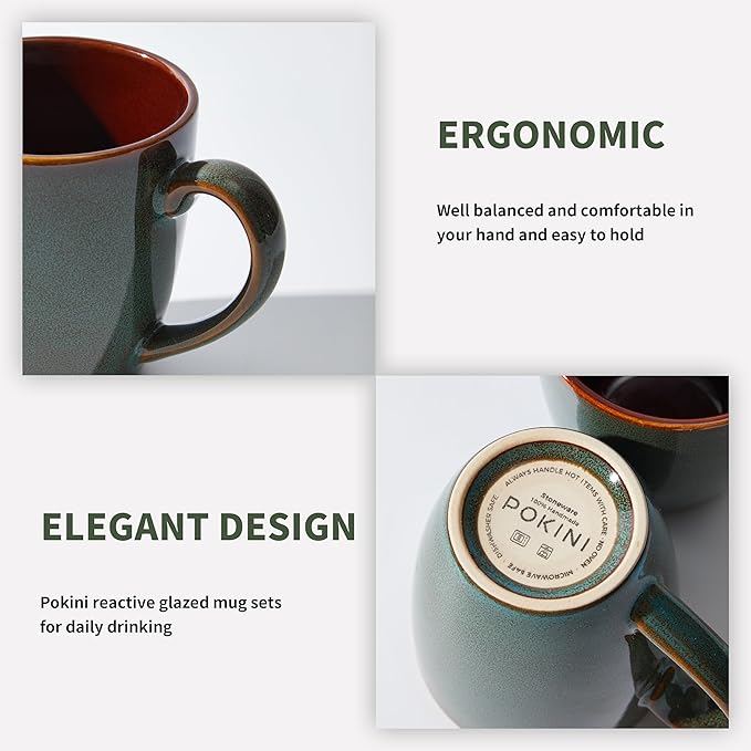 Pokini Coffee Mug 14 oz, Ceramic Coffee Mugs Set of 4, Reactive Glaze Mug for Latte/Tea/Cappuccino, Large Stackable Mug Set for Men, Women, Dad, Mom, Dishwasher & Microwave Safe, Brown Green