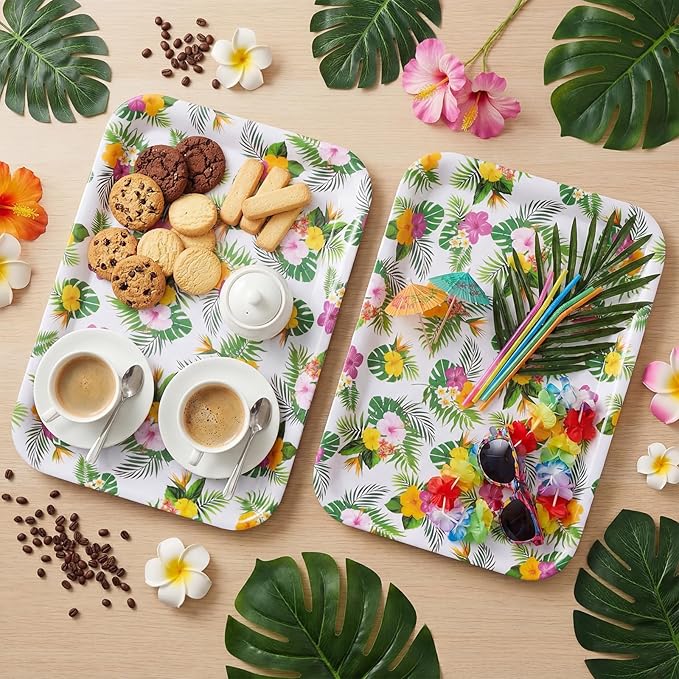 Vesici 3 Pcs Hawaiian Luau Serving Trays 13 x 10 Inch Aloha Tropical Palm Leaf Hibiscus Floral Melamine Platters Reusable Rectangular Serving Dishes for Summer Beach Party Sharing Snacks Fruit Dessert