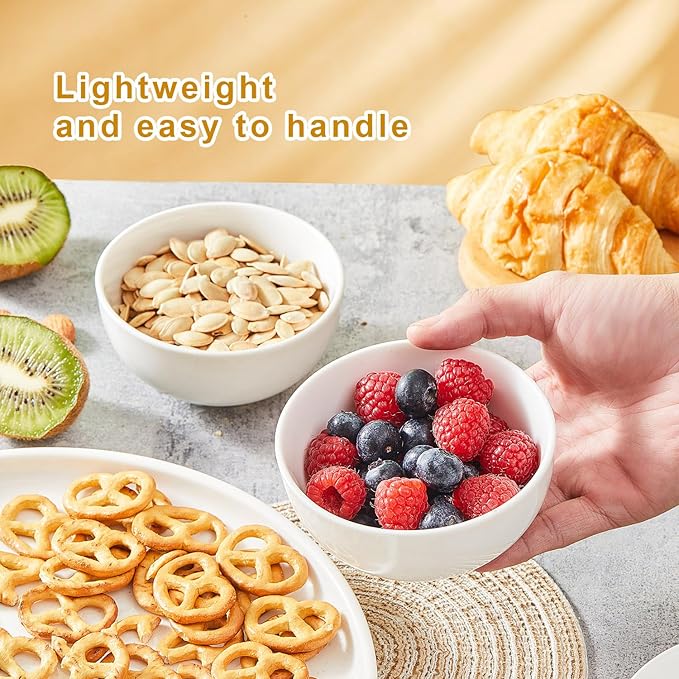 AntoKueh White 4.5in Small Ceramic Bowls, 12 OZ Cereal Bowls Set of 6 for Dessert, Rice, Jello, Pudding, Yogurt, Dishwasher/Microwave safe