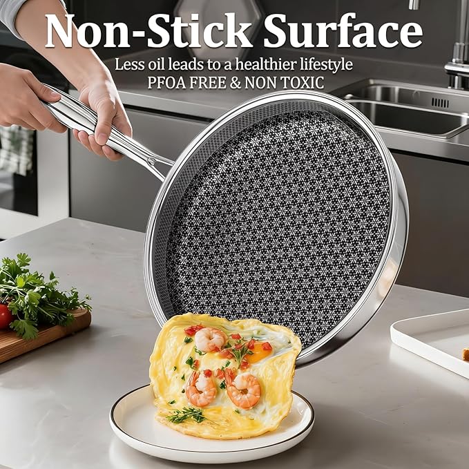 Hybrid Non Stick Frying Pans 2 Piece set, Stainless Steel Frying Pans with Tempered Glass Lid, 10" 12" 5 Ply Induction Cookware, Oven-Safe Up to 800°F, Compatible with All Cooktops