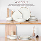 Herogo 6 Pieces Stoneware Dinnerware Dishes Sets for 2, Kitchen Handmade Dining Plates and Bowls Sets, Double Reactive Glaze, Microwave & Dishwasher Safe, Scratch Resistant, Ivory White