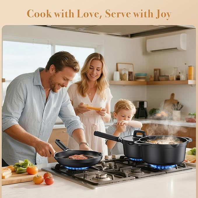 Nonstick pots and pans set 14 Pcs, Induction Cooking Set with Pour Spouts and Oven Safe for Casserole, PFOA FREE, Classic Black,Compatible with All Cooktops,Heat-resistant and comfortable handle