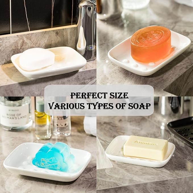 Miamolo Soap Dish, Ceramic Soap Holder Shower Soap Dish for Bar Soap Sponge, Soap Saver Tray for Bathroom Kitchen Sink, White (Pack of 2)