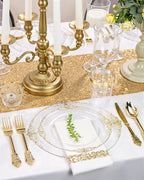 Nervure 350PCS Clear Gold Plastic Plates - Gold Plastic Dinnerware Sets for 50 Guests - 100 Disposable Plates, 150 Silverware, 50 Cups, 50 Napkins for Wedding & Party & Thanksgiving
