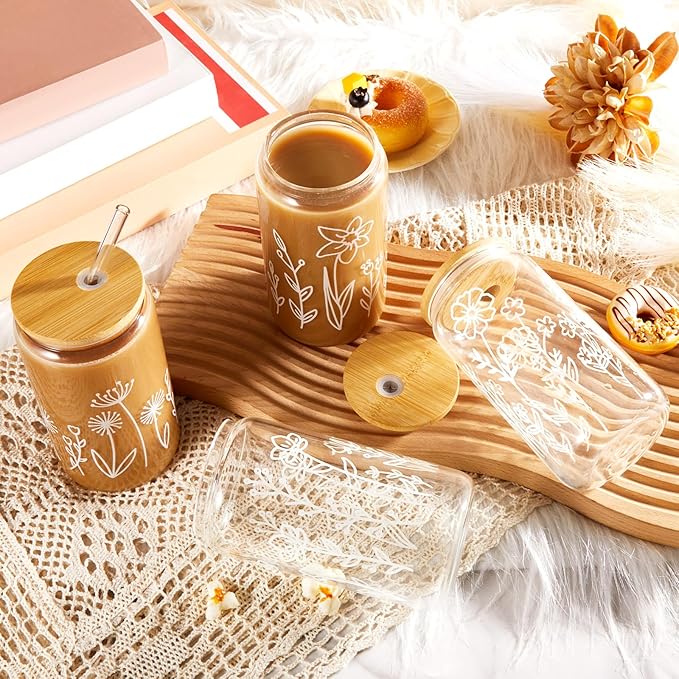 Mumufy 18 Pack Favor Glass Tumblers Boho Floral 16oz Iced Coffee Cups with Bamboo Lids and Straws Bridesmaid Gifts for Wedding Day Elegant Drinkware for Reception and Welcome Drinks