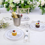 DaYammi 350PCS Silver Plastic Dinnerware Set for 50 Guests, Fancy Disposable Plates for Party, Include: 50 Dinner Plates, 50 Dessert Plates, 50 Pre Rolled Napkins with Silver Silverware, 50 Cups
