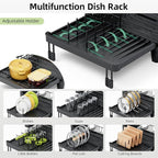 TOOLF Extendable Dish Drying Rack, Multifunction Dish Rack for Kitchen Counter, Large Expandable Dish Drainer,Dryer Rack with Drainboard & Utensil Holder, Black