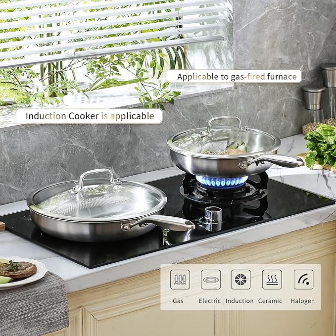 DELARLO Tri-Ply Stainless Steel Pan, 18/10 Frying Pan, Oven Safe Up to 600°F, Nontoxic Cookware, Compatible with All Cooktops Skillet, Durable, Fast Even Heat Fry Pan,8" 10" 12" with lids