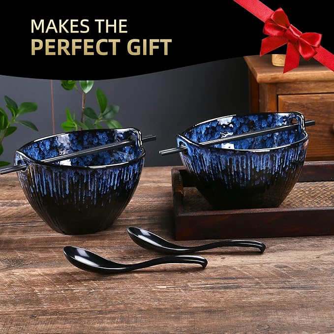 Ramen Bowl with Chopsticks and Spoons Set, 7 Inch Ceramic Noodle Bowl Set of 2, Dishwasher Safe for Pho Udon Soba Noodle Salad Pasta, Special Reactive Glazed Navy Bowls Set
