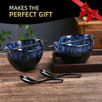 Ramen Bowl with Chopsticks and Spoons Set, 7 Inch Ceramic Noodle Bowl Set of 2, Dishwasher Safe for Pho Udon Soba Noodle Salad Pasta, Special Reactive Glazed Navy Bowls Set