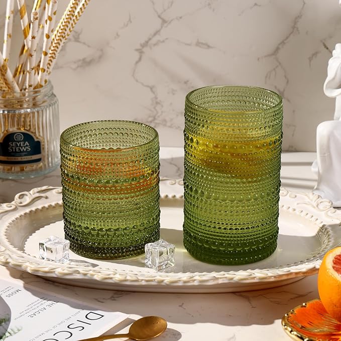 Moretoes Hobnail Drinking Glasses Set of 6, 12 Oz Highball Glasses & 10 Oz Cocktail Glasses, Clear Embossed Boho Glass Cups Kitchen Bar Tumbler Glassware Set for Whiskey, Beer, Juice, Milk (Green)
