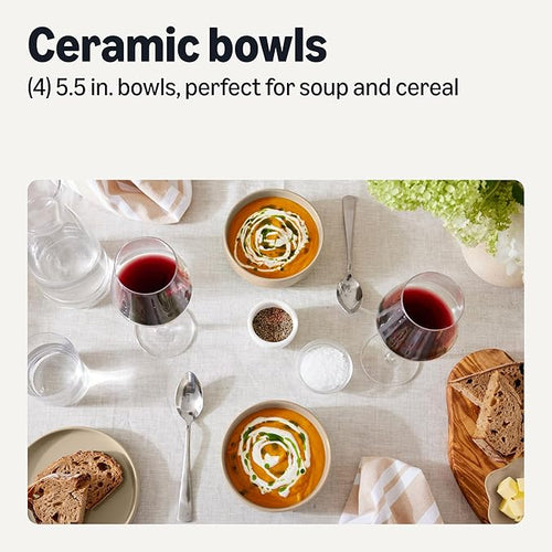 Amazon Basics Glazed Stoneware Bowls, 4-Piece Set, Microwave and Dishwasher-Safe, 5.5 in., Linen Gray