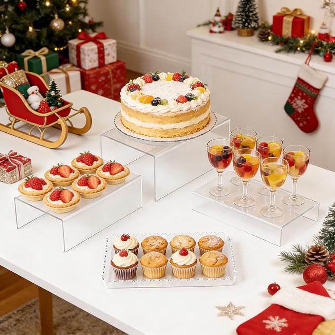 Acrylic Buffet Risers, Food Risers for Buffet Table, Clear Acrylic Risers Display Stand with U Shaped for Catering Supplies, Scalloped Acrylic Serving Tray for Cupcake, Dessert and Party (Clear 4 PCS)