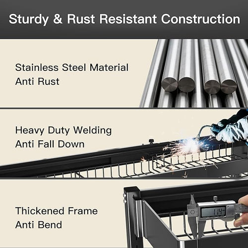 3 Tier Extra Large Stainless Steel Expandable Over The Sink Dish Drainer Drying Rack, Rust Proof Metal, Space Saving, Modern Black Big Capacity Extendable Plate Strainers Above Kitchen Counter