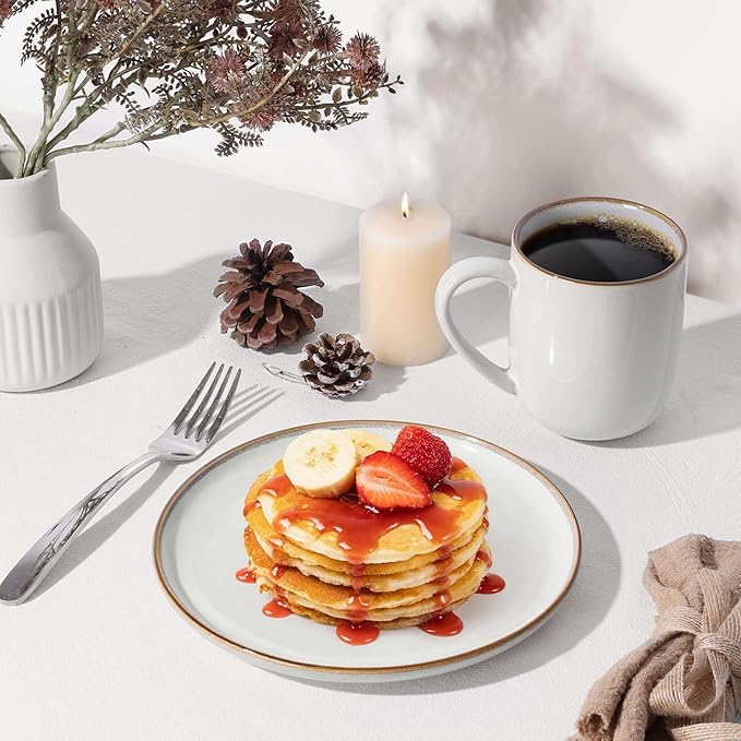 Herogo 6 Pieces Stoneware Dinnerware Dishes Sets for 2, Kitchen Handmade Dining Plates and Bowls Sets, Double Reactive Glaze, Microwave & Dishwasher Safe, Scratch Resistant, Ivory White