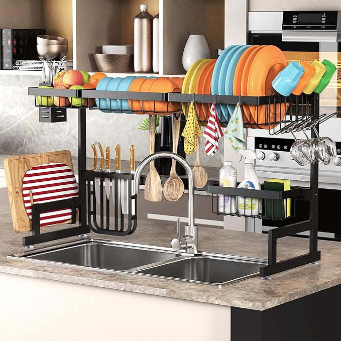 PUSDON Over Sink Dish Drying Rack Stainless Steel, Adjustable Large Dish Drainer for Storage Kitchen Organization Black 2 Tier - Standard(26"-38")