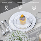 N9R 600PCS Silver Disposable Plastic Plates, Silver Plastic Dinnerware Set Includes 100 Dinner Plates, Dessert Plate, Cups, Spoons, Forks, Knives for 100 Guests, Perfect for Party, Wedding, Birthday