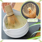 Matcha Whisk Set- Matcha Set includes Matcha Whisk and Bowl with Spout, Sifter, Holder and Scoop- The Perfect Bamboo Whisk for Matcha Tea (White)