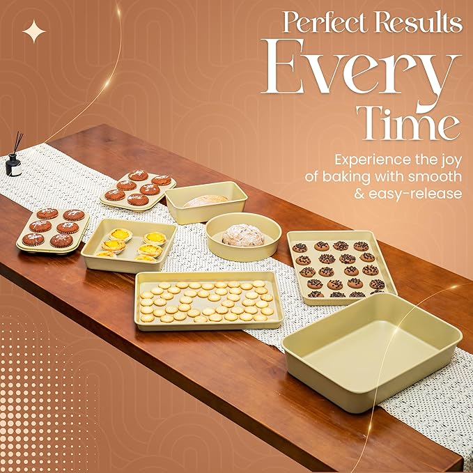 8 Piece Nonstick Stackable Bakeware Set - 8 Piece Nonstick Bakeware Set - Easy Storage, 450°F Oven Safe, Durable Design, Muffin, Loaf, Baking Sheets, Round & Square Pan, Roaster; BPA-Free (Beige)