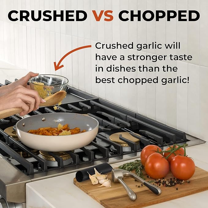 Zulay Kitchen Premium Garlic Press Set - Rust Proof Professional Garlic Mincer Tool - Easy-Squeeze, Easy-Clean with Soft, Ergonomic Handle - Silicone Garlic Peeler & Brush (Silver)