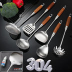 Stainless Steel Kitchen Utensils Set with Wooden Handle, 6 PCS Professional Cooking Utensils Set 15", Wok Spatula, Ladle, Skimmer, Slotted Spatula Turner, Spaghetti Spoon, Large Spoon