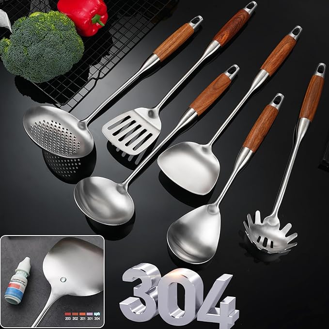 Stainless Steel Kitchen Utensils Set with Wooden Handle, 6 PCS Professional Cooking Utensils Set 15", Wok Spatula, Ladle, Skimmer, Slotted Spatula Turner, Spaghetti Spoon, Large Spoon