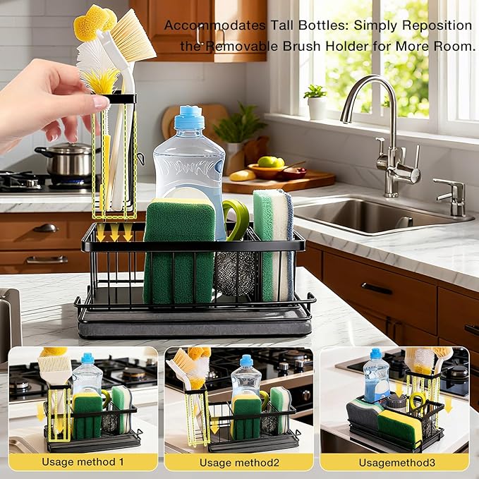 Kitchen Sink Caddy Organizer Stainless Steel Sponge Caddy with Diatomite Absorbent Mat,60s Fast Drying for Home Kitchen & Bathroom,Rustproof Storage for Sponge Soap Brush