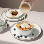 Herogo 6 Pieces Stoneware Dinnerware Dishes Sets for 2, Kitchen Handmade Dining Plates and Bowls Sets, Double Reactive Glaze, Microwave & Dishwasher Safe, Scratch Resistant, Ivory White