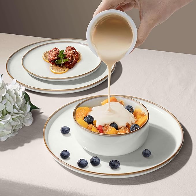 Herogo 6 Pieces Stoneware Dinnerware Dishes Sets for 2, Kitchen Handmade Dining Plates and Bowls Sets, Double Reactive Glaze, Microwave & Dishwasher Safe, Scratch Resistant, Ivory White