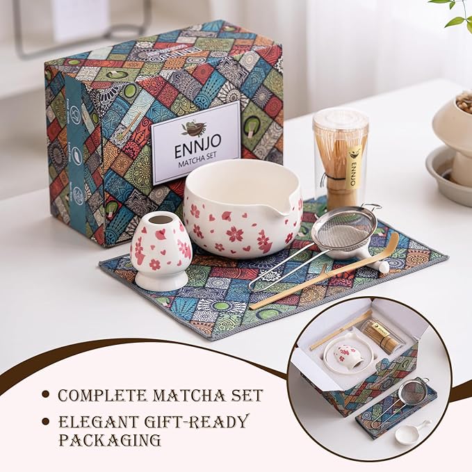 7 Pcs Matcha Kit: Ceramic Matcha Bowl with Spout, Bamboo Whisk And Scoop, Stainless Steel Sifter, Holder, Rest And Tea Towel. Elegant Matcha Whisk Set for Beginners And Gifting