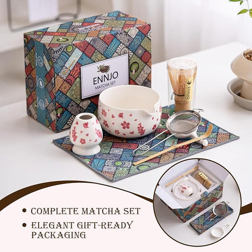 7 Pcs Matcha Kit: Ceramic Matcha Bowl with Spout, Bamboo Whisk And Scoop, Stainless Steel Sifter, Holder, Rest And Tea Towel. Elegant Matcha Whisk Set for Beginners And Gifting