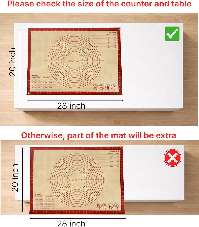 Silicone Pastry Mat with Measurements, 28 x 20 Inch Extra Thick Non-Slip Nonstick XL Baking Mat for Dough Rolling, Kneading, Fondant and Pie, Red