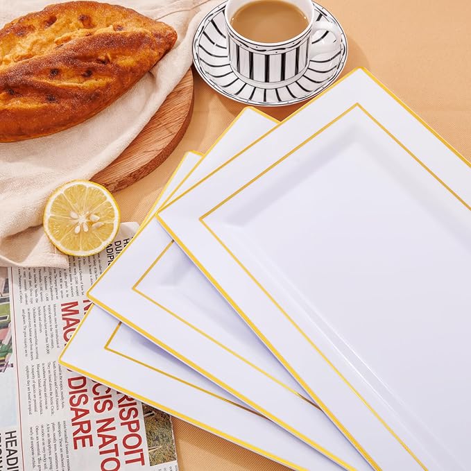 I00000 6 Pack Plastic Serving Trays, Gold Rim Disposable Serving Trays, Gold Disposable Serving Platter for Food Party Serving Platters and Plastic Trays 13.97x8.46 inches