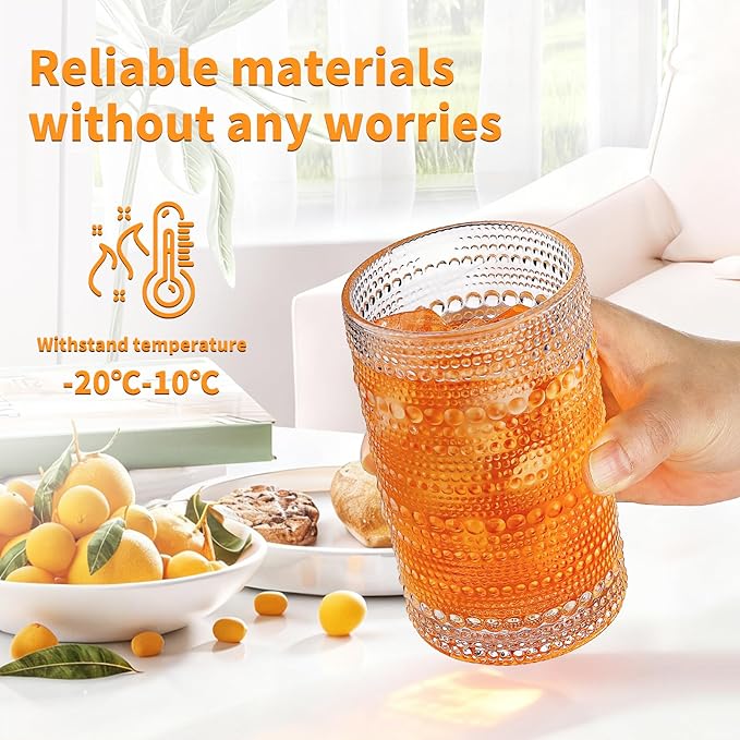Hobnail Drinking Glasses Set of 6, 16 Oz Vintage Style Tumblers Smooth Interior Thick Durable Glasses Cups Dishwasher Safe for Water, Juice, Wine, Whiskey