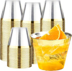 RACETOP 100 Pack 9 oz Gold Plastic Cups Tumbler, Disposable Cups with Gold Rim for Party, Heavy-duty Clear Plastic Wine Glasses, Disposable Wedding Cups