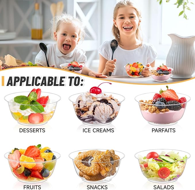 Qeirudu 8 oz Small Clear Plastic Bowls, 100 Pack Disposable Hard Plastic Party Serving Bowls for Fruit, Desserts, Parfaits, Ice Creams, Snacks