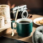 Miamolo Stackable Coffee Mugs Set of 4 with Holder Spoons 11oz Ceramic Cappuccino Cups for Espresso Latte Tea Drinks, Dishwasher & Microwave Safe, Green