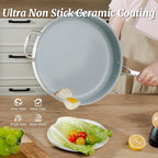 Nonstick Sauté Pan with Lid 5 QT Deep Frying Pan with Stainless Steel Helper Handle 12 inch Large Skillet Ceramic Jumbo Cooker for Healthy Cooking, Induction Compatible Cookware, PFOA Free