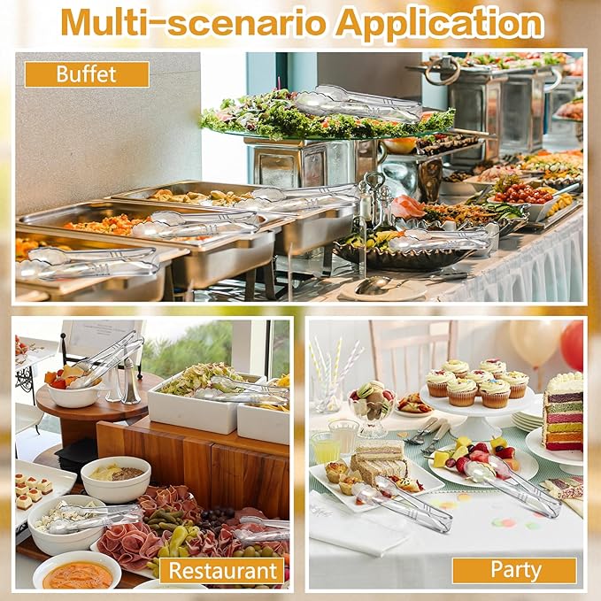 Mwellewm 12 Pc Serving Tongs 9 Inch Bulk Reusable or Disposable Plastic Tongs Heavy Duty Hard Plastic Serving Utensils Set Large Salad Tong for Kitchen Party Food Buffet Appetizer Catering (Clear）
