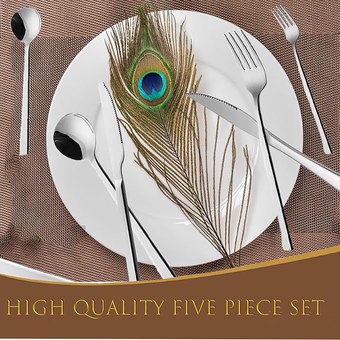 48-Piece Silverware Set, Stainless Steel Flatware Set for 8 - Service for 8 Includes Knives, Forks, Spoons & Teaspoons, Mirror Polished, Dishwasher Safe