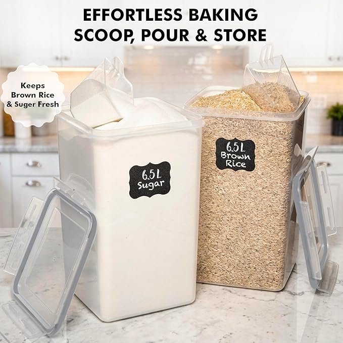 WHITE FEATHER SUPPLIES 2 PC [6.5L / 220 Oz] Large Food Storage Containers with Lids Airtight - BPA Free Clear Plastic Kitchen and Pantry Storage Containers, Bulk Storage for Cereal, Flour, Sugar, Rice
