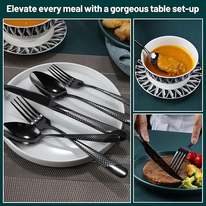 Black Silverware Set, PUREAIN 30 Pieces Black Hammered Flatware Set for 6, Mirror Polished Stainless Steel Cutlery Set for Home, Kitchen, Restaurant and Hotel, Dishwasher Safe