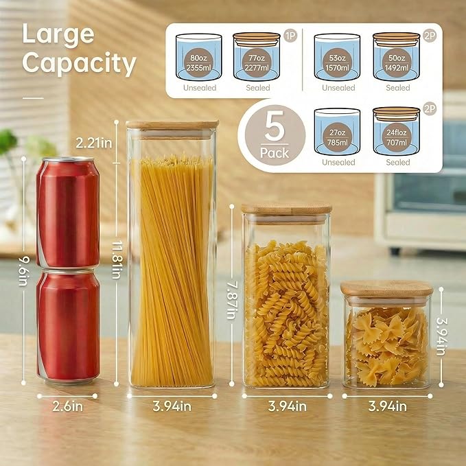 Square Glass Jars with Bamboo Lids [Muti Size Set of 5], Glass Canisters with Airtight Lids, Glass Food Storage Containers for Pasta, Cereal, Flour, Sugar, Best for Kitchen & Pantry