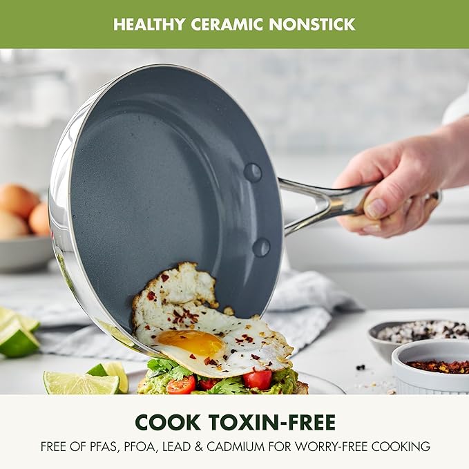 GreenPan Valencia Pro Tri-Ply Stainless Steel 8” & 10” Frying Pan Skillet Set, PFAS-Free Ceramic Nonstick Coating, Induction Ready Cookware, All Cooktops, Eggs & Omelets, Dishwasher & Oven Safe 600F