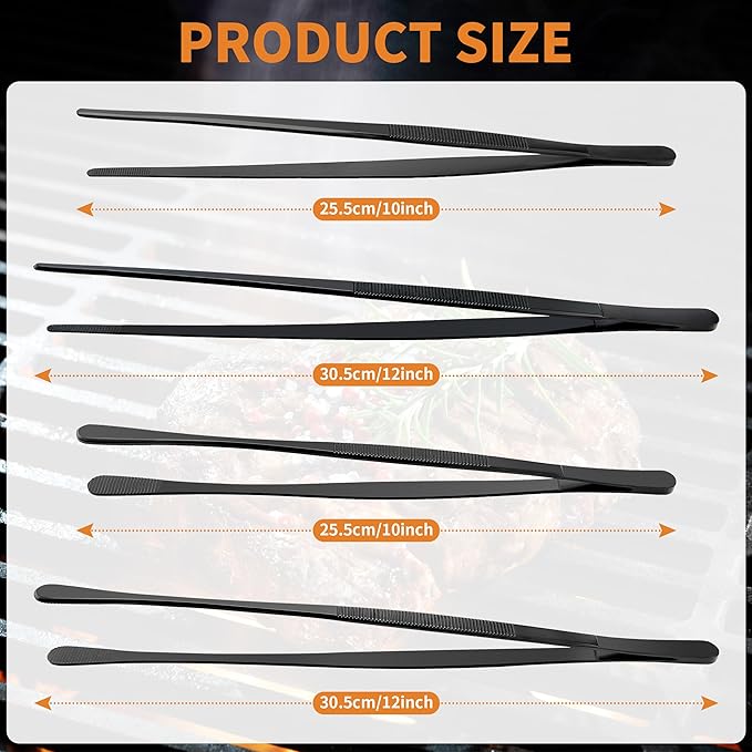 Metal Tongs & Kitchen Tweezers Set, 4 Pcs 12'' & 10'' Stainless Steel Tong and Cooking Tweezers with Two Types of Jaws and Non-Slip Design, Food-Grade Coating, High Strength for BBQ & Platter, Black