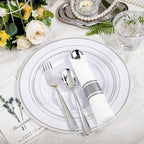 WELLIFE 350Pcs Silver Plastic Plates for 50 Guests - Disposable Dinnerware Set, Party Supplies Includes 100 Silver plates,150 Silverware,50 Napkins,50 Cups, Plastic Plates for Party and Wedding