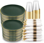 KIRE 350PCS Green Plates Disposable - Heavy Duty Green and Gold Plates - 50Guest Include Green Plastic Dinnerware - Pro Rolled Napkins with Gold Silverware and Cups for St. Patrick's Day&Party