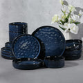 E-far 16-Piece Plates and Bowls Sets with Pasta Bowls - Stoneware Dinnerware Set for 4, Modern Ribbed Dishes, Microwave & Dishwasher Safe, Starry Blue