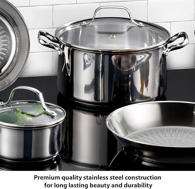 T-fal Performa Stainless Steel Cookware Set 12 Piece Induction Oven Broiler Safe 500F Pots and Pans, Dishwasher Safe Silver
